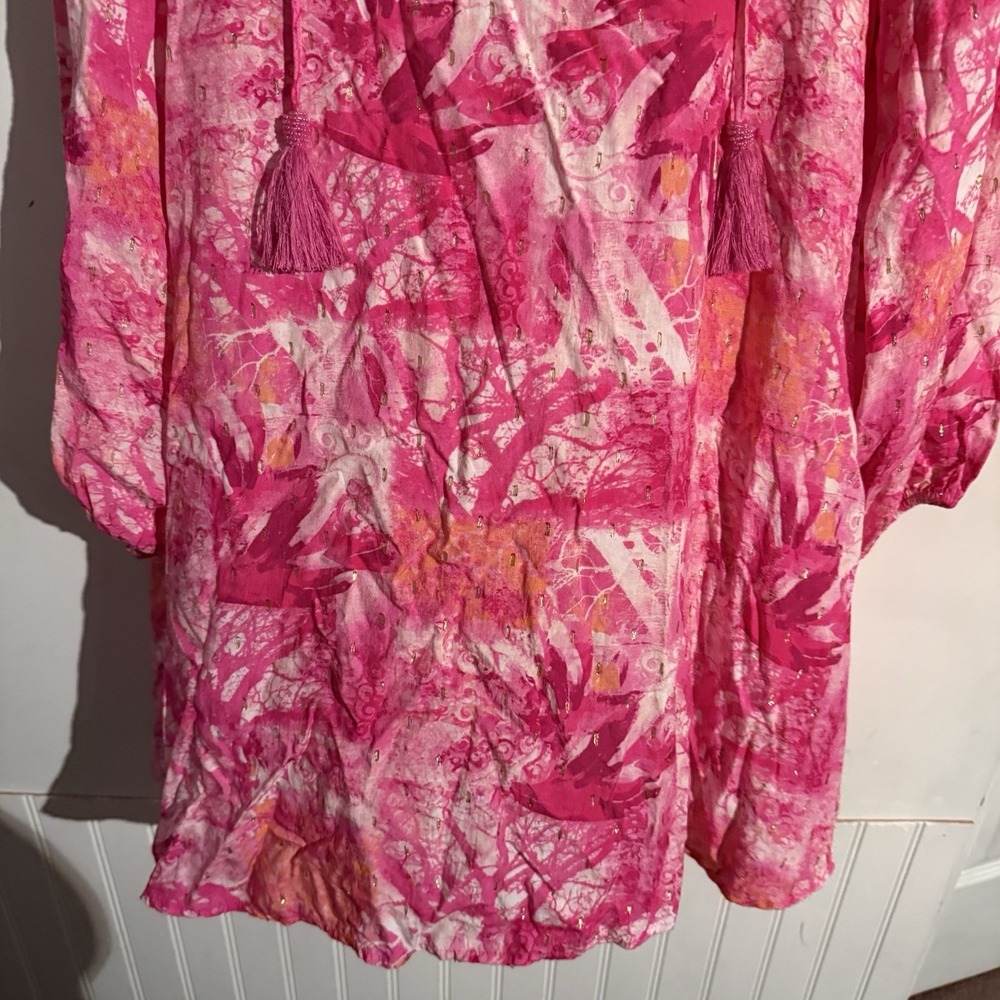 Susan Graver Soleil Mini Dress Pink Boho Artsy Abstract Coastal Beach Tropical - Picture 3 of 5